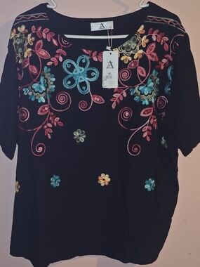 NWT AZ Boho Floral Embroidered Short Sleeve Viscose Blouse Top Black Size L/XL